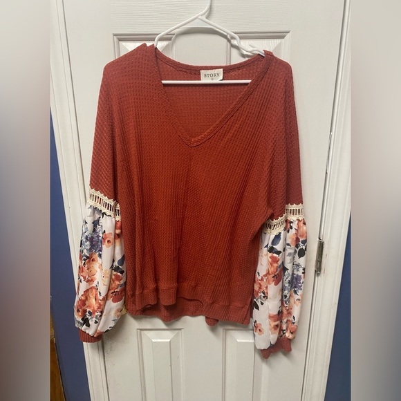 Story Floral Billow Sleeve Boho Style Blouse Women's Size Large L burnt Orange - Picture 1 of 9